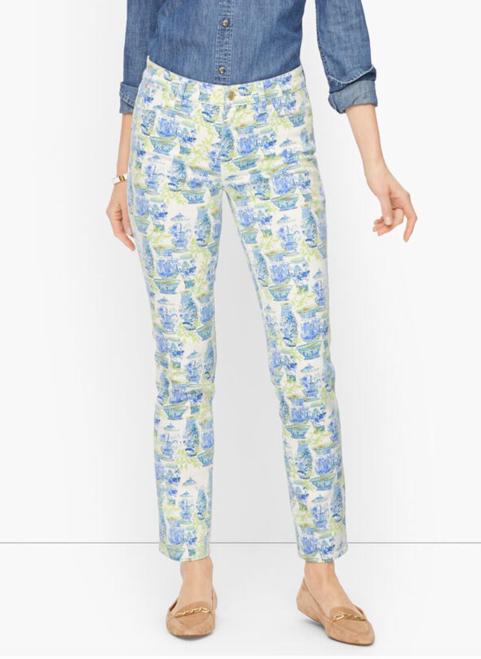 Talbots Womens 6 Blue White Watercolor Vases Slim Ankle Denim Jean Pants